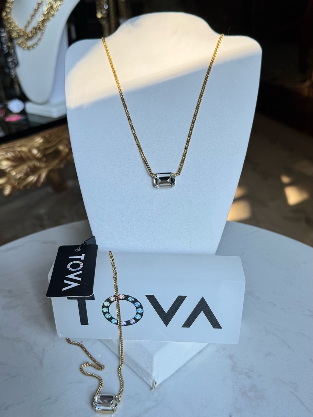 TOVA Rubin pendant on a Gold Chain Necklace Clear stone Emerald-Cut